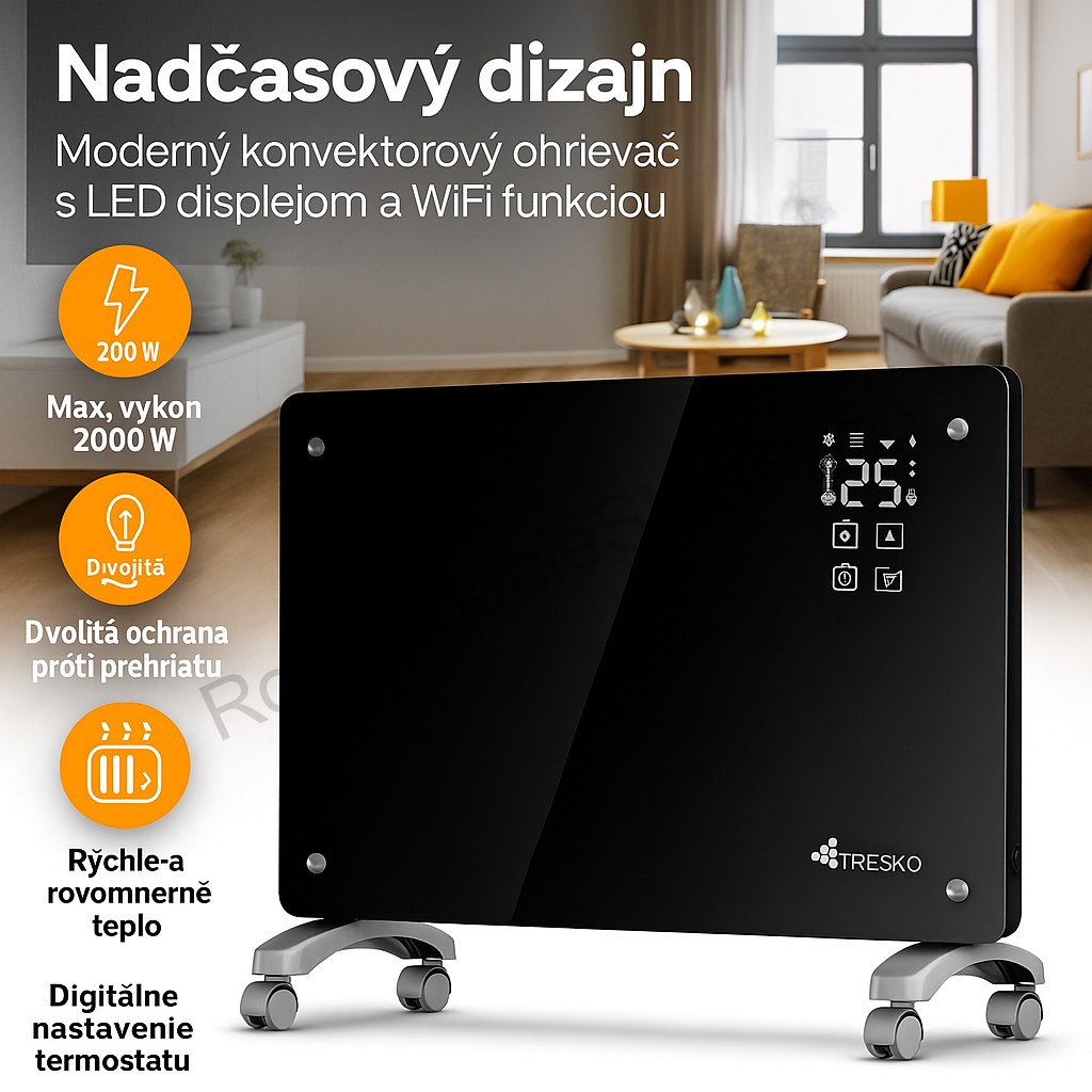 Elektrický ohrievač TRESKO čierny 2000W s WiFi