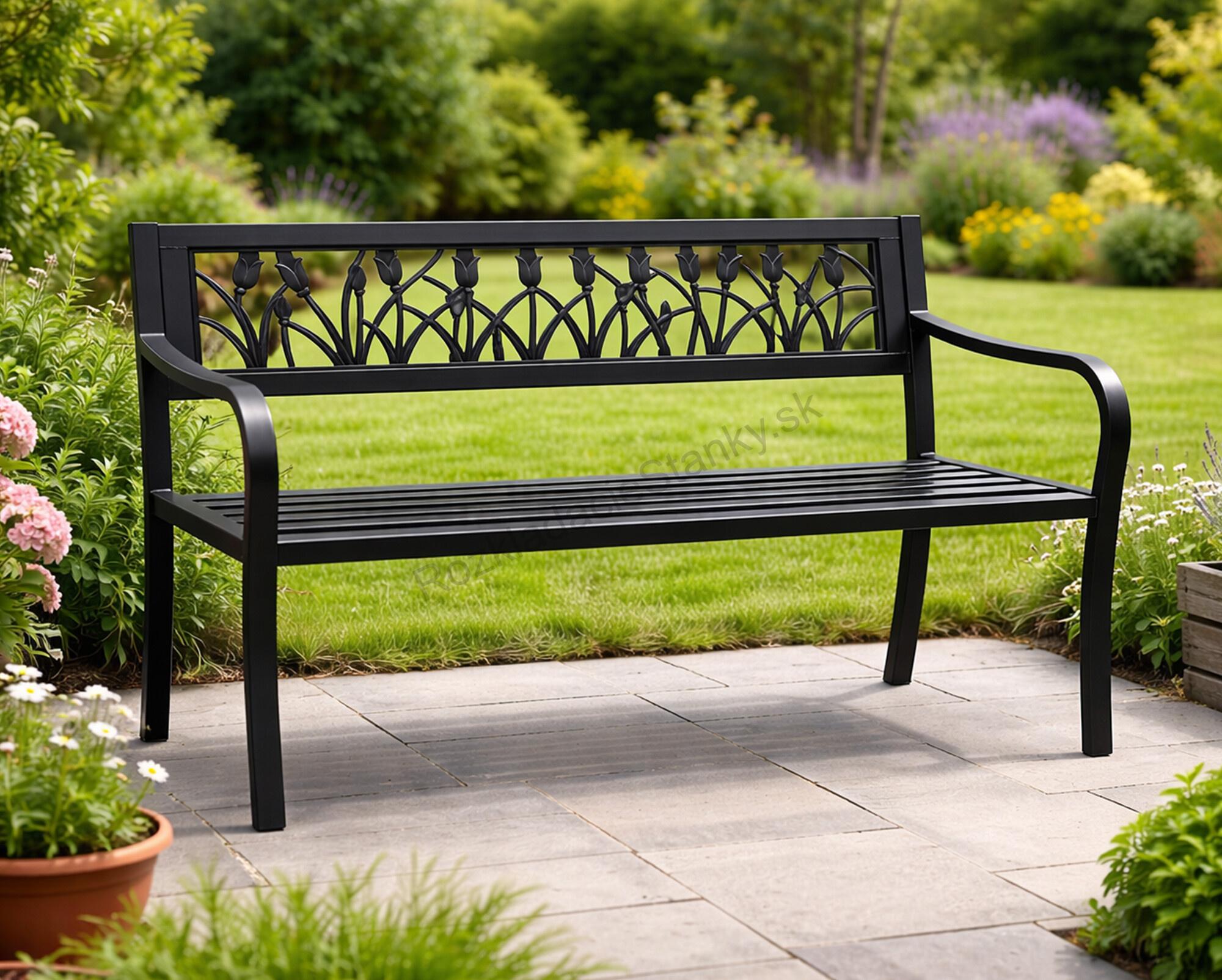 Záhradná kovová lavica 125x53x77cm tulipány